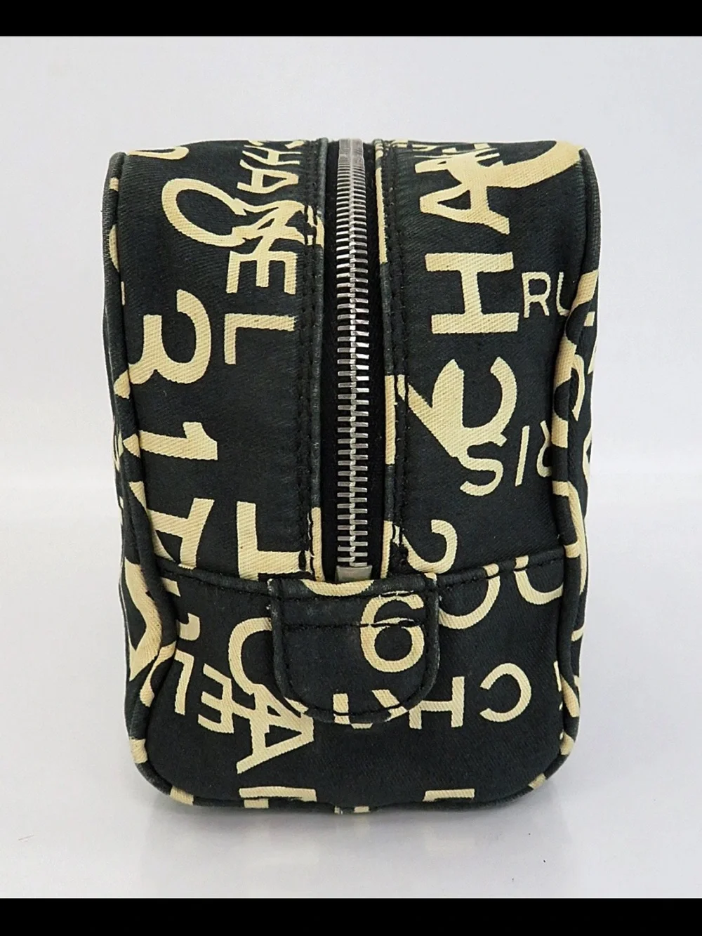 CHANEL Black Canvas Logo Print Cosmetic Pouch with Cream Lettering